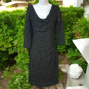Ralph Lauren Formal sheath dress rouched gray stretch floral lace sequin M/L
